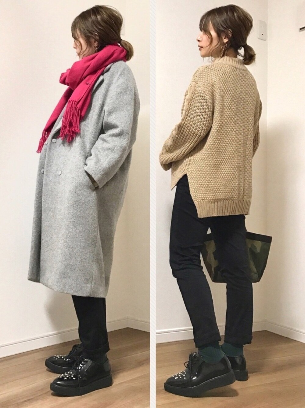 「ゆるニット、黒スキニー、厚底シューズ、スタッズ、トートバッグ、カモフラ、チェスターコート、ストール、ケーブルニット、マタニティ」｜「NANO universeの【CLASSY. 12月号掲載】【VERY 11月号掲載】  西川ダウン/インナーダウン付オーバーサイズチェスターコート（チェスターコート、グレー系）」を使った、❁ a i  ❁さん（レディース・158cm）の冬コーディネートの1枚目の写真