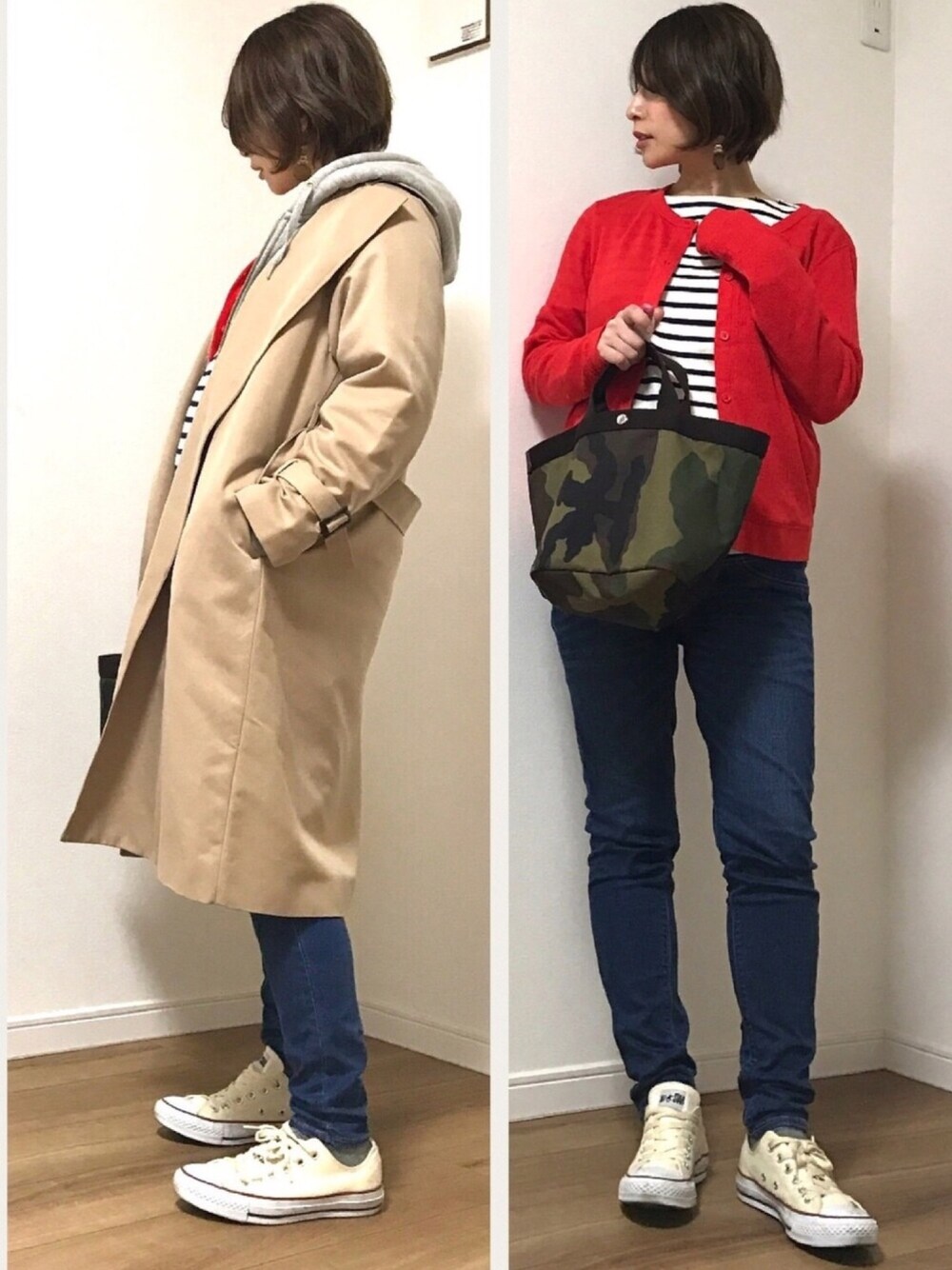 「UNIQLO、デニム、ワッフル、カーディガン、トレンチコート、パーカー、コンバース、カモフラ、トートバッグ、マタニティ」｜「GUのアイテム（トレンチコート、ベージュ系）」を使った、❁ a i  ❁さん（レディース・158cm）の春コーディネートの1枚目の写真