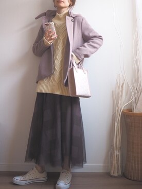「白ニット」｜「アイテム（ピーコート）」を使った、❁ a i  ❁さん（レディース・158cm）の冬コーディネート