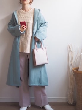 「ミントグリーン」｜「アイテム（ノーカラーコート）」を使った、❁ a i  ❁さん（レディース・158cm）の冬コーディネート