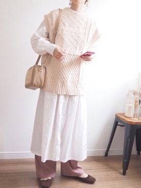 「ケーブルニット」｜「アイテム（シャツワンピース）」を使った、❁ a i  ❁さん（レディース・158cm）の冬コーディネート