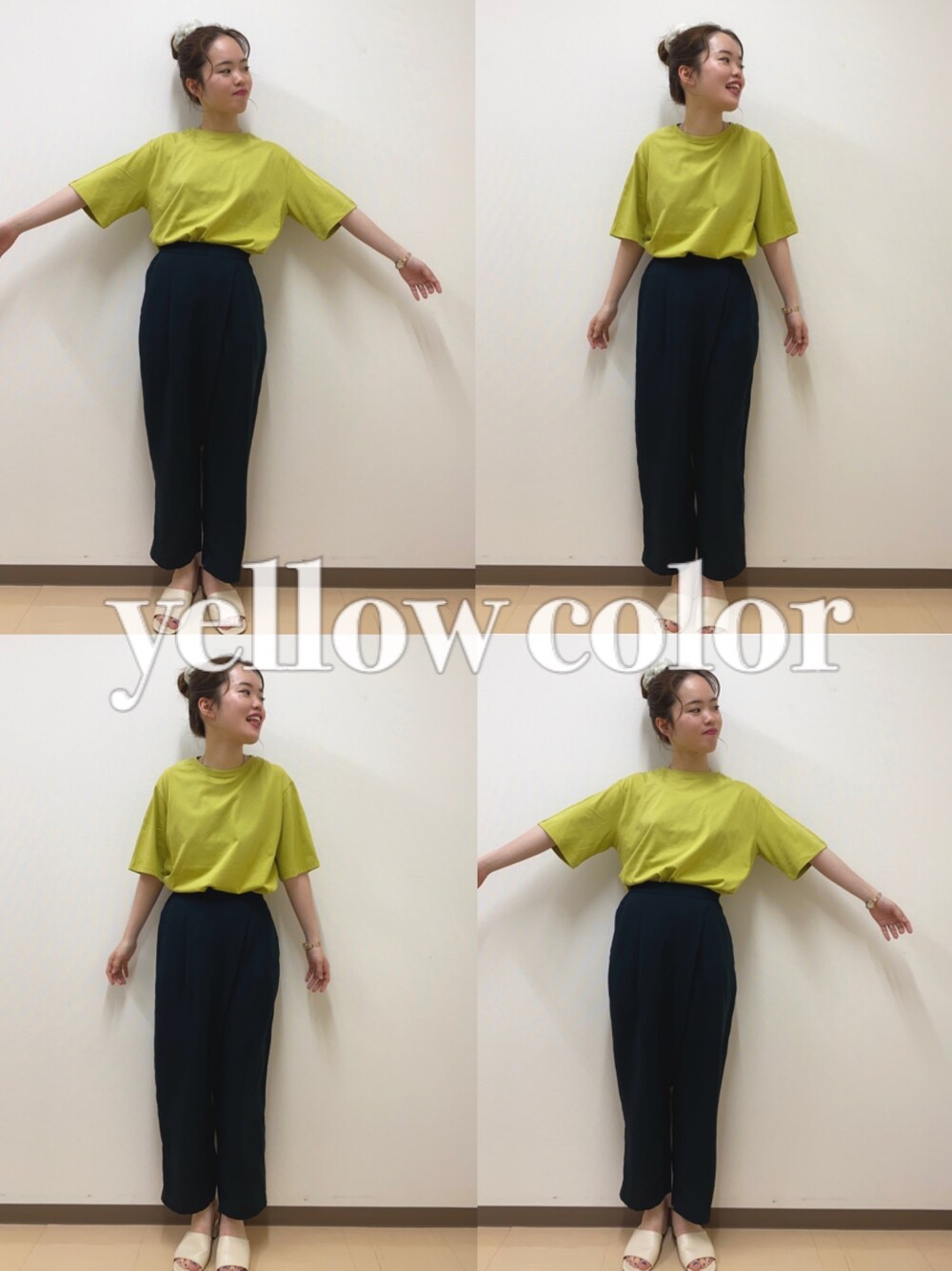 「シンプルコーデ、夏コーデ、Tシャツ、サンダル、ラフ、イエロー、163cm、akariclothes」｜「Green　Parksのキレイめ裾ラウンドプルオーバー＊（Tシャツ/カットソー、イエロー系）」を使った、𝐀𝐊𝐀𝐑𝐈さん（レディース・163cm）の春コーディネートの1枚目の写真