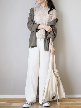 「reca（レカ）のウエストリボン リネンワイドパンツ（その他パンツ）」を使った、ｐａｎａさん（レディース・162cm）の春コーディネート