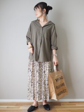 「Chaco closet（チャコ クローゼット）のアソートプリーツ Aラインウエストゴムロングスカート[チェック 小花柄 ダルメシアン コーデュロイ サテン シアー 無地]（スカート）」を使った、ｐａｎａさん（レディース・162cm）の夏コーディネート