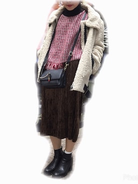 「GU（ジーユー）のアイテム（スカート、ブラウン系）」を使った、ayakaさん（レディース・158cm）の冬コーディネート