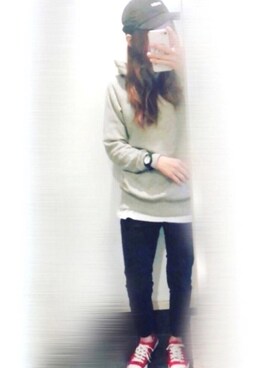 「クルーネックTシャツ」｜「アイテム（腕時計）」を使った、ちゃみんさん（レディース・156cm）の秋コーディネート