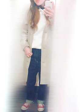 「ハイウエストストレートジーンズ」｜「アイテム（ノーカラージャケット）」を使った、ちゃみんさん（レディース・156cm）の冬コーディネート