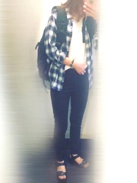 「フランネルシャツ」｜「アイテム（アナログ腕時計）」を使った、ちゃみんさん（レディース・155cm）の夏コーディネート