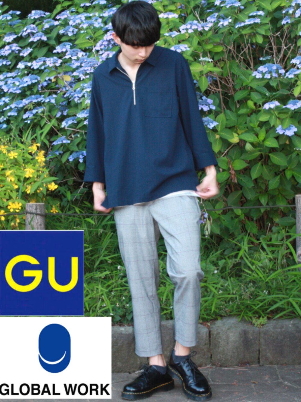 「シンプル、休日スタイル、プチプラ、夏コーデ、さわやか、爽やかコーデ、GU、アンクルパンツ、レイヤードスタイル、ドクターマーチン」｜「GLOBAL WORKのアイテム（シャツ/ブラウス、ブルー系）」を使った、🌸kai🌸さん（メンズ・174cm）の夏コーディネートの1枚目の写真