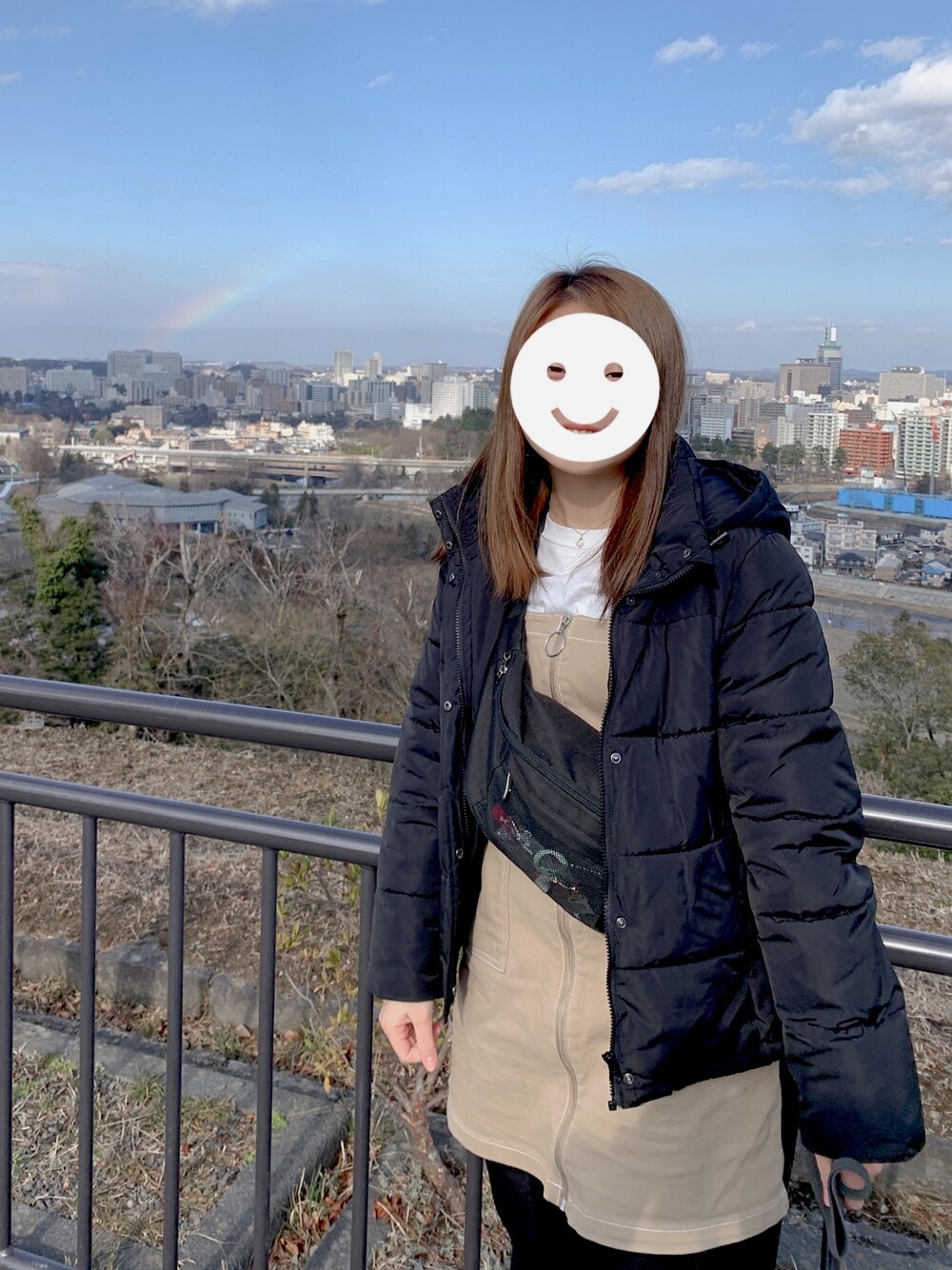 「winter、仙台、虹、rainbow」｜「GUのアイテム（ダウンジャケット/コート、ブラック系）」を使った、みくまるさん（レディース・162cm）の冬コーディネートの1枚目の写真