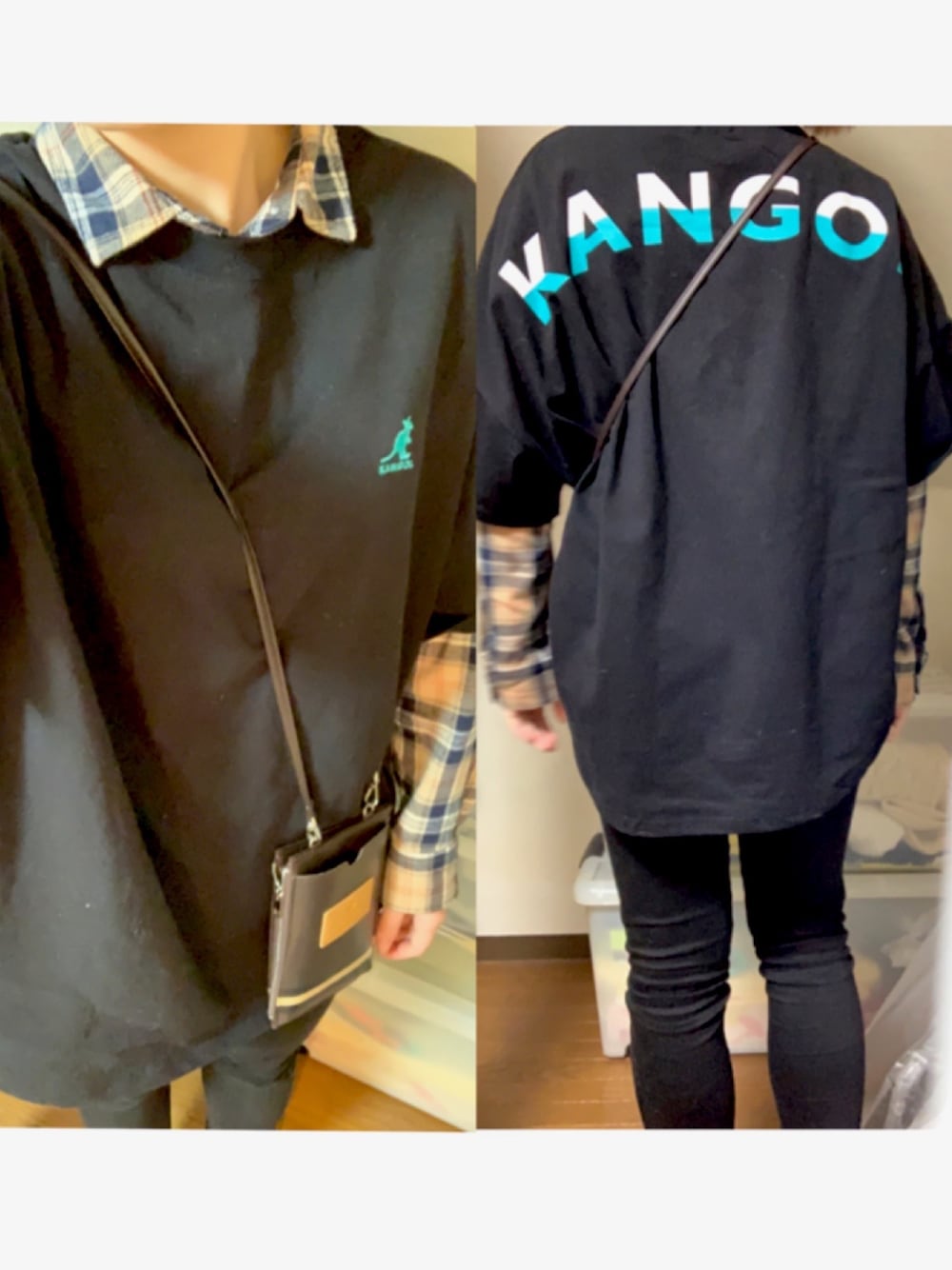 「spring、春コーデ、春、チェック、重ね着、KANGOL、末吉秀太、Shuta Sueyoshi、グッズ、おうちファッション」｜「KANGOLの【KANGOL】ビック配色バックプリントTシャツ （Tシャツ/カットソー、ブラック系）」を使った、みくまるさん（レディース・162cm）の春コーディネートの1枚目の写真