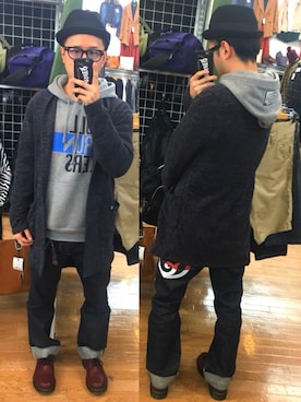 「ROLLING CRADLE（ローリングクレイドル）のアイテム（デニムパンツ）」を使った、アナーキー田中さん（メンズ・171cm）の冬コーディネート