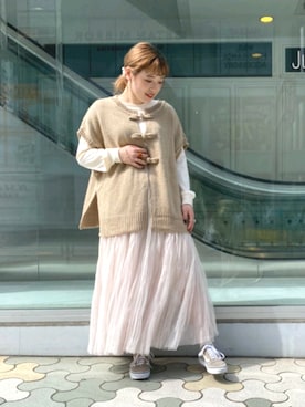 「AS KNOW AS PINKY（アズノゥアズピンキー）のたっぷりチュールスカート（スカート、ホワイト系）」を使った、yuhna1015さん（レディース・158cm）の冬コーディネート