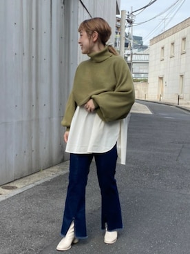 「AS KNOW AS PINKY（アズノゥアズピンキー）のセミフレアなセンターパンツ（デニムパンツ、ブルー系）」を使った、yuhna1015さん（レディース・158cm）の冬コーディネート