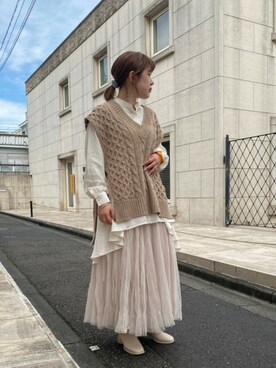 「AS KNOW AS PINKY（アズノゥアズピンキー）のたっぷりチュールスカート（スカート、ホワイト系）」を使った、yuhna1015さん（レディース・158cm）の冬コーディネート