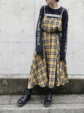 「anap mimpi（アナップミンピ）のチェックワンピース（ワンピース、イエロー系）」を使った、yokopiさん（レディース・150cm）の秋コーディネート
