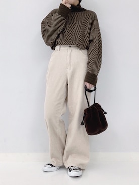 「ANAP（アナップ）のヘリンボーンジャガードハイネックニット（ニット/セーター、ブラウン系）」を使った、yokopiさん（レディース・150cm）の秋コーディネート