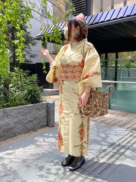 「アイテム（着物、イエロー系）」を使った、ろーかんなさん（レディース・163cm）の春コーディネート