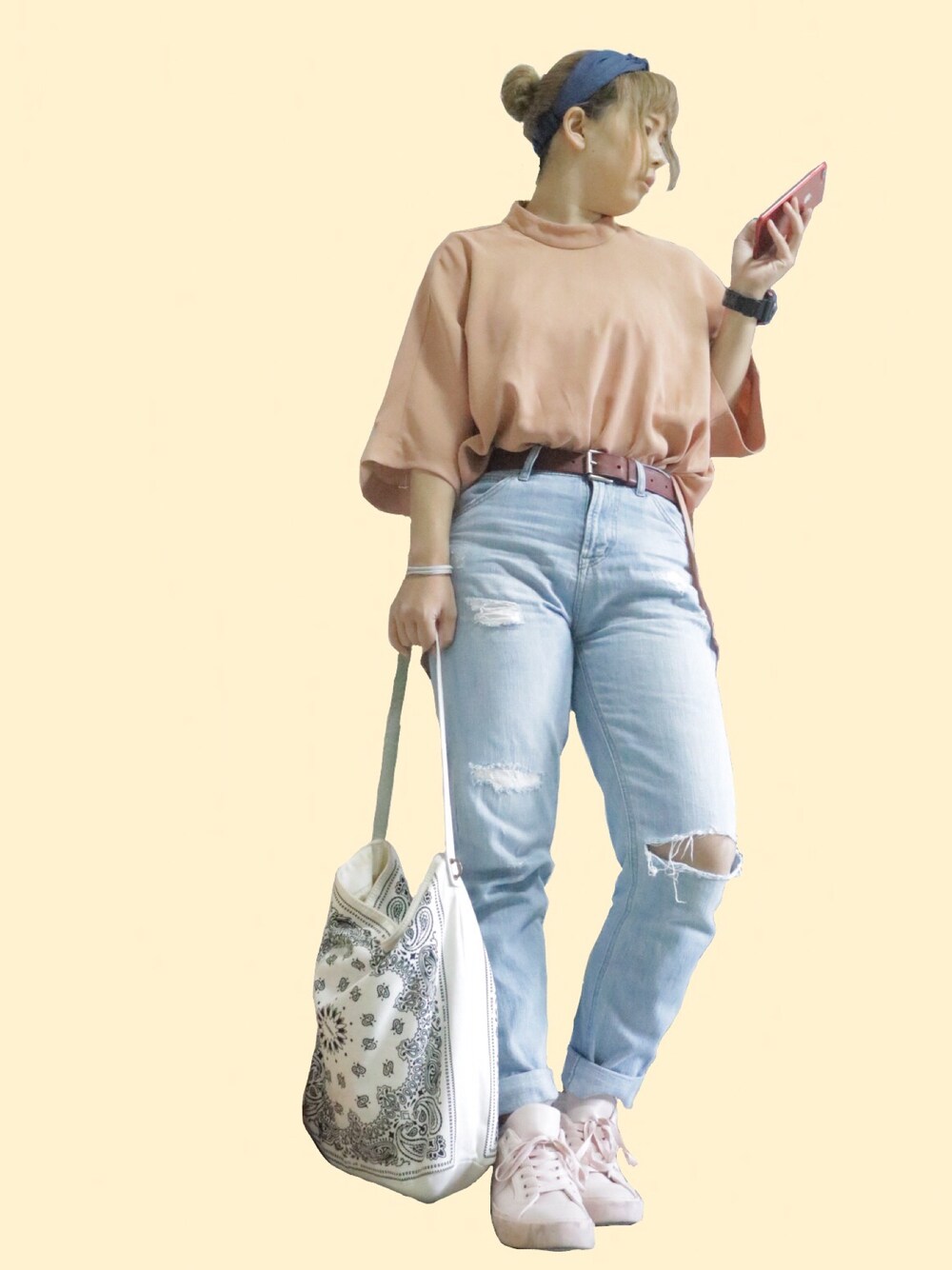 「ママコーデ、GU、KBF、w closet」｜「KBFのKBF ハイネックブラウス（シャツ/ブラウス、ピンク系）」を使った、こぼちゃんさん（レディース・157cm）の夏コーディネートの1枚目の写真