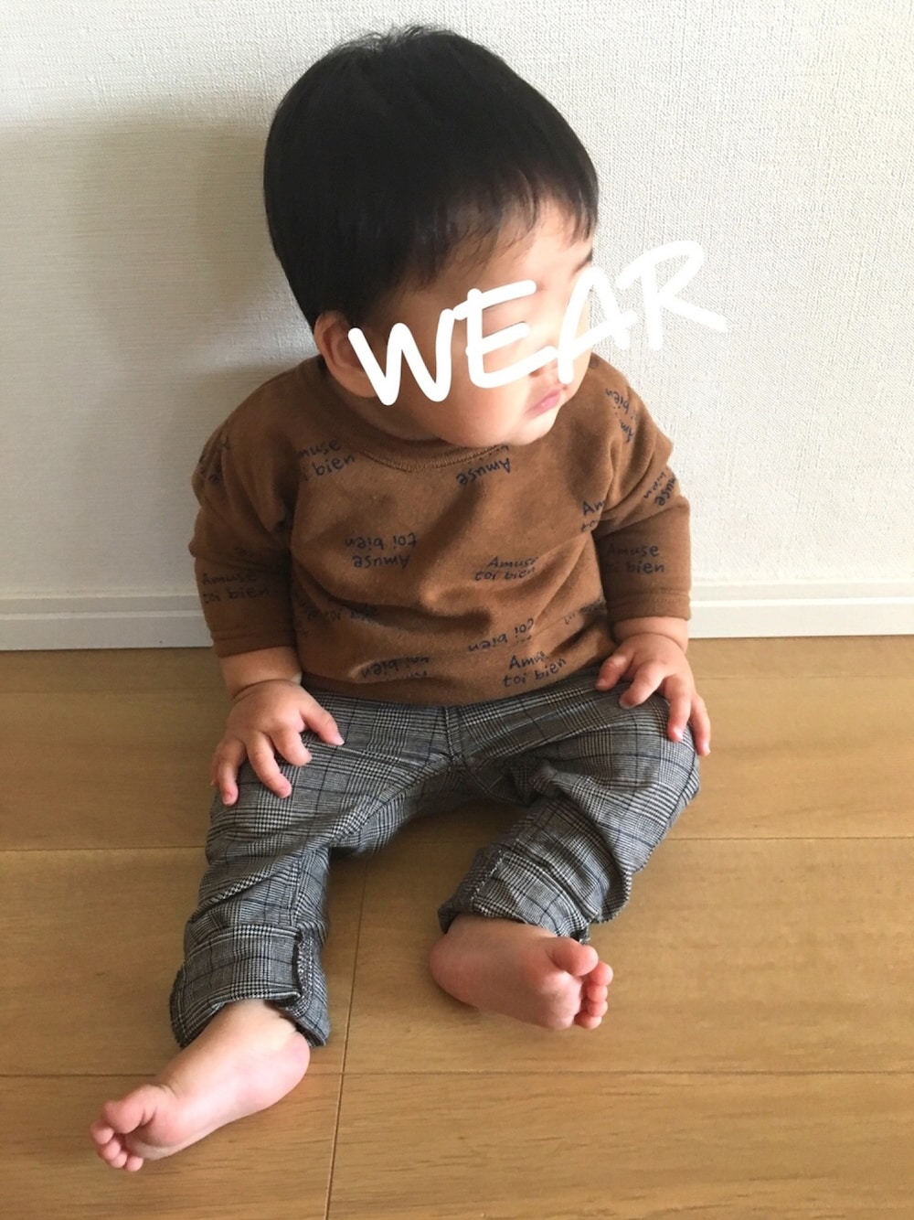 「バースデー、西松屋、ブラウン、グレンチェック、11か月、むちむち、秋コーデ、オシャレパッソ、PASSO、PR」｜「Birthdayのアイテム（Tシャツ/カットソー、ブラウン系）」を使った、nirucoco_wearさん（キッズ・80cm）の秋コーディネートの1枚目の写真