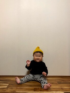 「9ヶ月」｜「アイテム（ニットキャップ/ビーニー）」を使った、woooさん（キッズ・70cm）の春コーディネート
