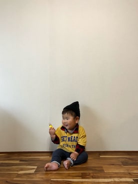 「アイテム（ロンパース、レッド系）」を使った、woooさん（キッズ・70cm）の春コーディネート