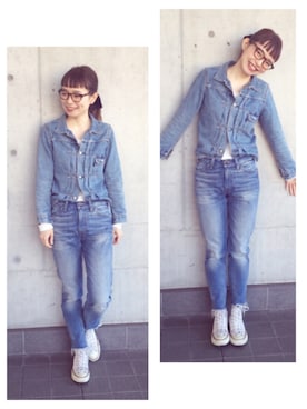 「Levi's（リーバイス）のアイテム（デニムパンツ、ブルー系）」を使った、下島麻子さん（レディース・159cm）の冬コーディネート