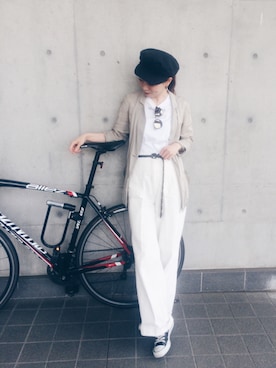 「JOHN LAWRENCE SULLIVAN（ジョンローレンスサリバン）のNEW GRAVE TEE (SMALL LOGO)（Tシャツ/カットソー、ホワイト系）」を使った、下島麻子さん（レディース・159cm）の春コーディネート