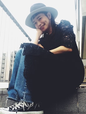 「NINE（ナイン）のアイテム（ワンピース、ブルー系）」を使った、下島麻子さん（レディース・159cm）の春コーディネート