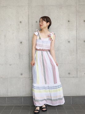 「NE QUITTEZ PAS!（ヌキテパ）の＜ne Quittez pas＞マルチストライプワンピース（ワンピース、その他）」を使った、下島麻子さん（レディース・159cm）の夏コーディネート
