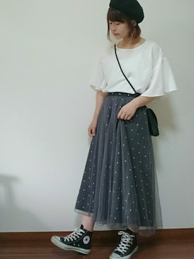 「袖フリル」｜「アイテム（ハンチング/ベレー帽）」を使った、yuu ！さん（レディース・158cm）の夏コーディネート