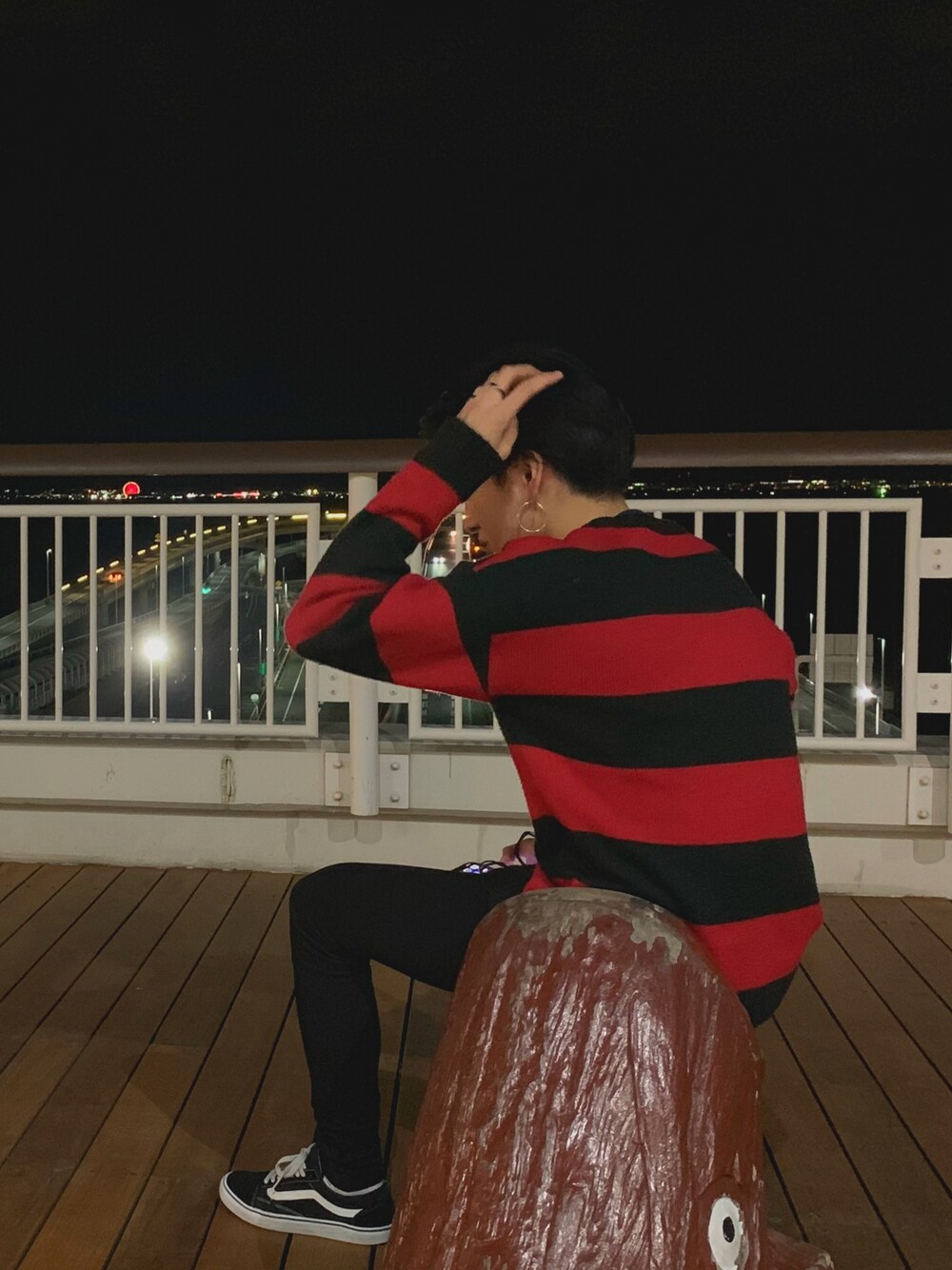 「UNIF、VANS、oldskool、cheap monday、AMBUSH、海ほたる」｜「UNIFのアイテム（ニット/セーター、レッド系）」を使った、RoleKeyCさん（メンズ・175cm）の秋コーディネートの1枚目の写真