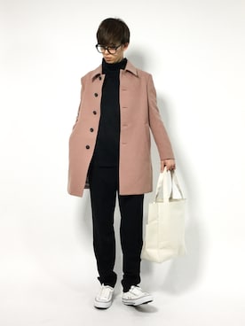 「アイテム（ステンカラーコート、ピンク系）」を使った、hiroさん（メンズ・174cm）の冬コーディネート