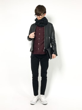 「menswear」｜「アイテム（ライダースジャケット）」を使った、hiroさん（メンズ・174cm）の冬コーディネート
