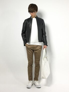 「green label relaxing（グリーンレーベルリラクシング）のアイテム（ライダースジャケット）」を使った、hiroさん（メンズ・174cm）の冬コーディネート