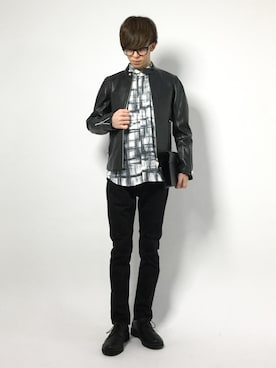 「green label relaxing（グリーンレーベルリラクシング）のアイテム（ライダースジャケット）」を使った、hiroさん（メンズ・174cm）の冬コーディネート