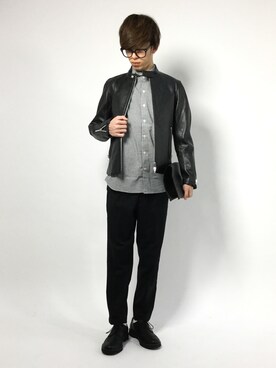 「green label relaxing（グリーンレーベルリラクシング）のアイテム（ライダースジャケット）」を使った、hiroさん（メンズ・174cm）の冬コーディネート