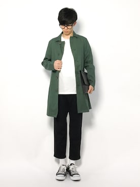 「緑」｜「アイテム（ステンカラーコート）」を使った、hiroさん（メンズ・174cm）の春コーディネート