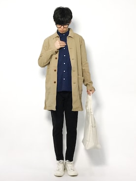 「黒パンツ」｜「アイテム（ステンカラーコート）」を使った、hiroさん（メンズ・174cm）の春コーディネート