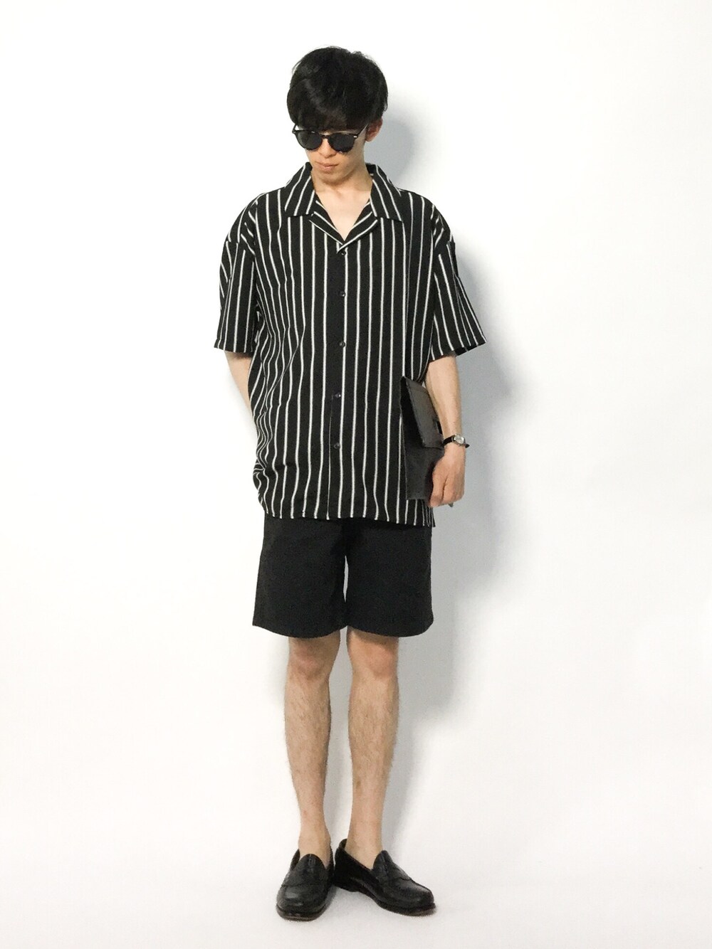hiroさんの「サテンストライプオープンカラーシャツ(1/2 sleeve)（MONO-MART）」を使ったコーディネート