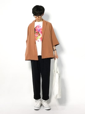 「ワイドテーパードパンツ」｜「アイテム（テーラードジャケット）」を使った、hiroさん（メンズ・174cm）の夏コーディネート