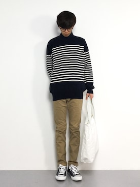 「ボーダーニット」｜「アイテム（チノパンツ）」を使った、hiroさん（メンズ・174cm）の秋コーディネート