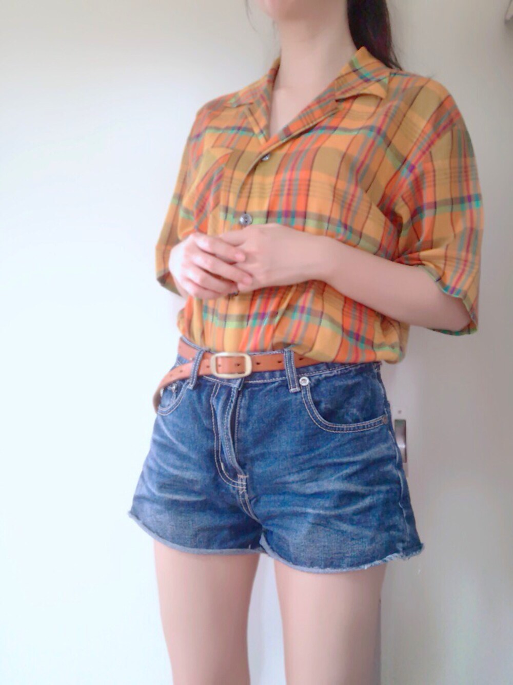 「古着、チェックシャツ、夏、レトロ」｜「usedのアイテム（シャツ/ブラウス、オレンジ系）」を使った、yuk.さん（レディース・156cm）の夏コーディネートの1枚目の写真