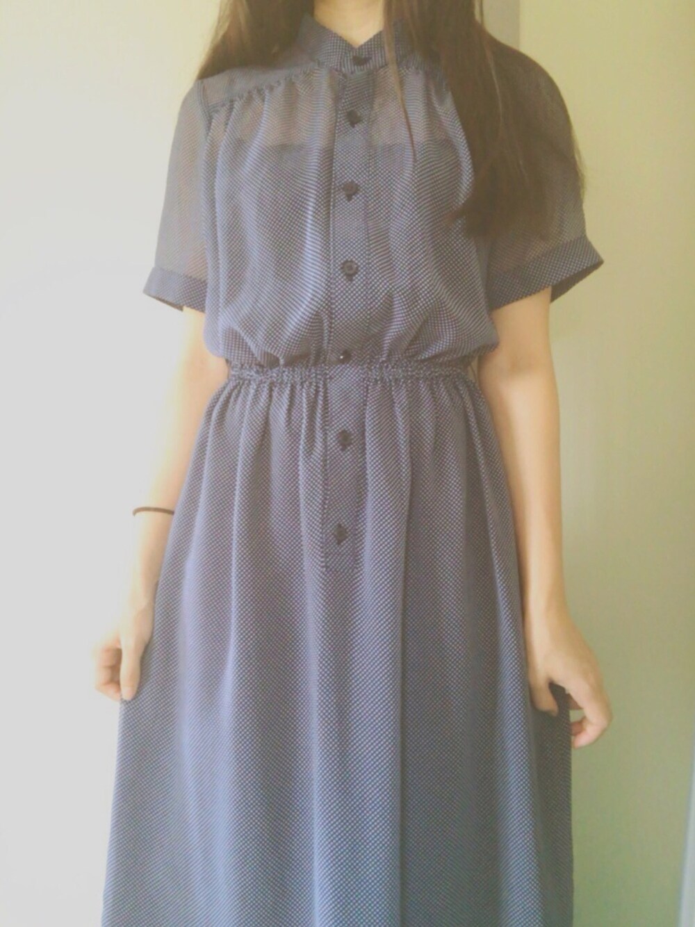 「古着、used、ootd、シンプル、ワンピース、summer」｜「usedのアイテム（ワンピース、ブルー系）」を使った、yuk.さん（レディース・156cm）の夏コーディネートの1枚目の写真