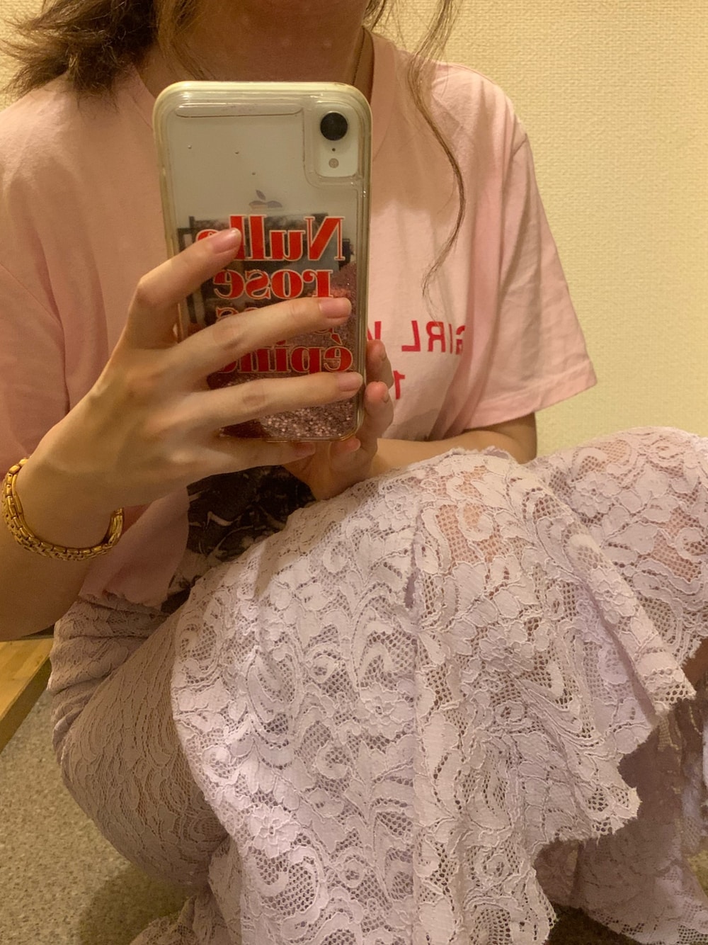 「ラブアンドピース2020、今日のコーデ、ootd、Tシャツ、babypink、総レース、マーメイドスカート、envylook、ピンク、パープル」｜「babypinkのアイテム（スカート、パープル系）」を使った、yuk.さん（レディース・156cm）の秋コーディネートの1枚目の写真