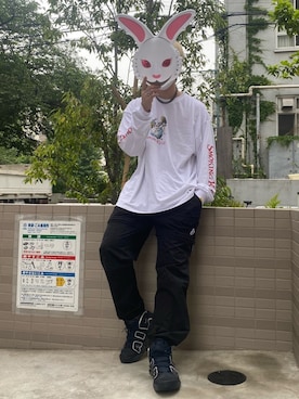 「FR2（エフアールツー）のAngel クルーネックロンT（T Shirts、ホワイト系）」を使った、おちゃづけ。さん（メンズ・170cm）の春コーディネート