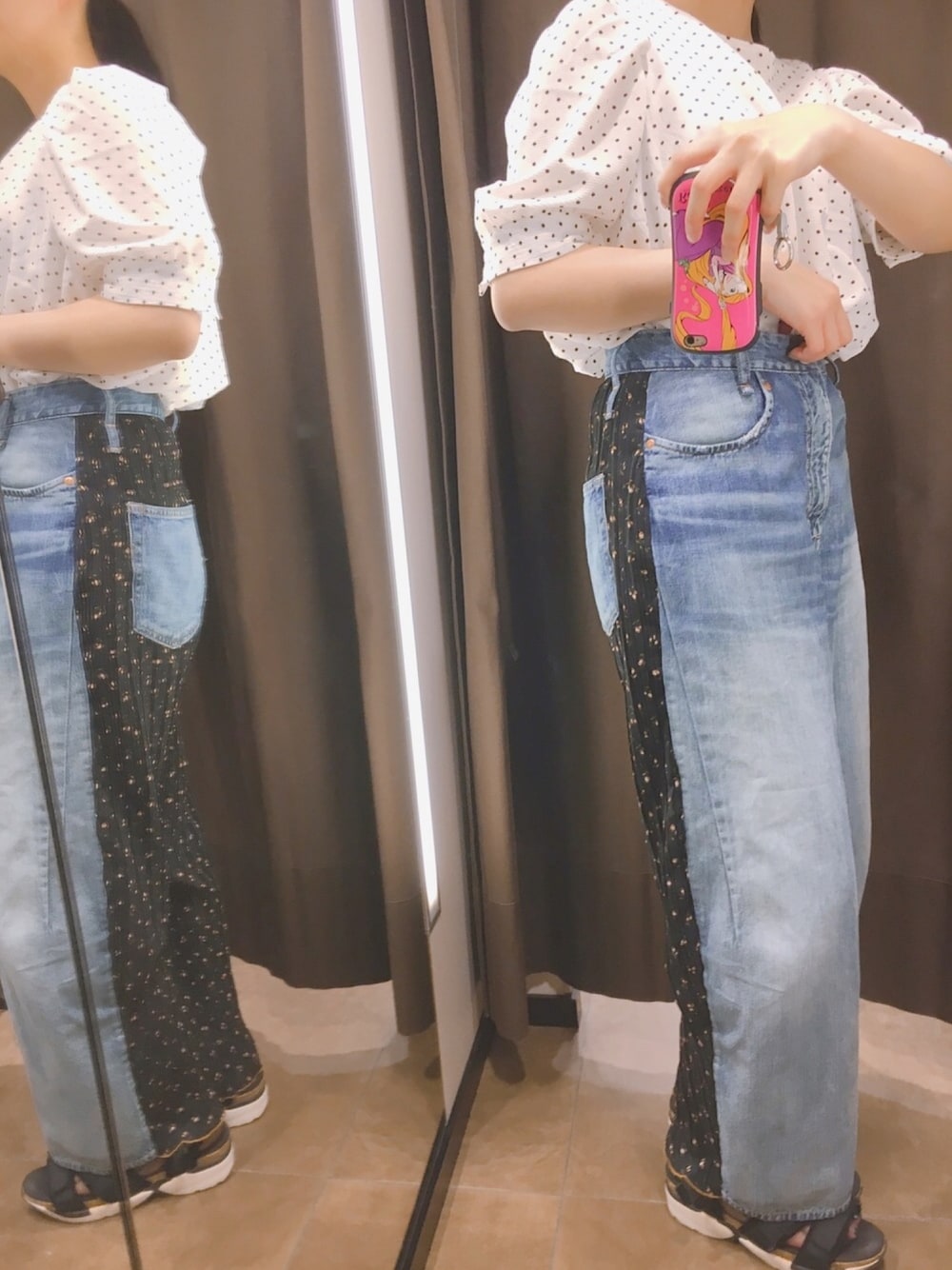 「シンプルコーデ、カジュアル、春コーデ、ゆるコーデ、デニムパンツ、ドット、花柄」｜「GUのアイテム（シャツ/ブラウス、ホワイト系）」を使った、a y a さん（レディース・157cm）の春コーディネートの1枚目の写真