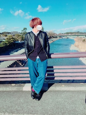 「伊勢神宮」｜「アイテム（ライダースジャケット）」を使った、kinocoさん（メンズ・175cm）の冬コーディネート