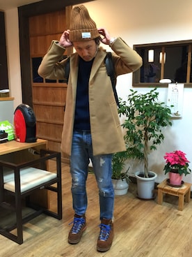 「アイテム（ニットキャップ/ビーニー、ブラウン系）」を使った、yosukeさん（メンズ・171cm）の冬コーディネート