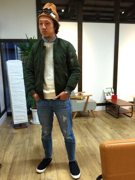 「しまむら（シマムラ）のアイテム（ミリタリージャケット）」を使った、yosukeさん（メンズ・171cm）の冬コーディネート